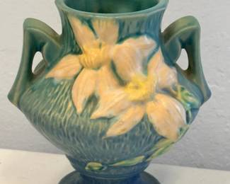 Vintage Roseville Pottery Clematis DoubleHandled Vase Blue Yellow Floral