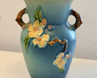 Vintage Roseville Pottery Blue DoubleHandled Floral Vase Large Rim Break Repair Project