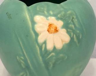 Vintage Weller Pottery Wild Rose Art Pottery Jardiniere Turquoise Green Scalloped Rim