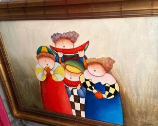 J. Roybal Signed Whimsical Children with Watermelon Artwork Gold Framed