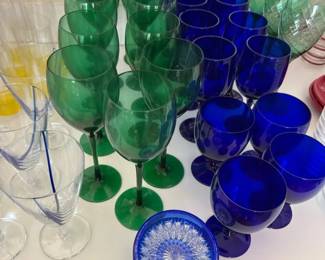 Emerald Green Cobalt Blue Glass Stemware Collection Assorted Wine Goblets