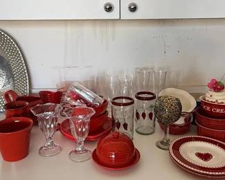Large Red White Kitchenware Collection Dinnerware, Glassware, Heart Platter Serving Pieces