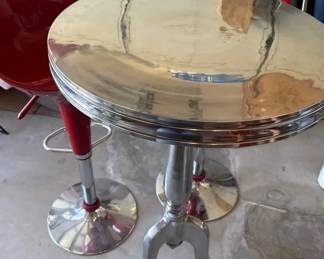 Modern Chrome Bistro Pub Table with 2 Red Adjustable Swivel Bar Stools 3 Piece Set