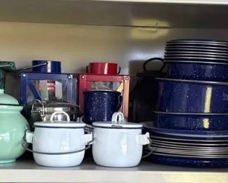 Lot Of Metal Camping Teapots, Plates And Pans