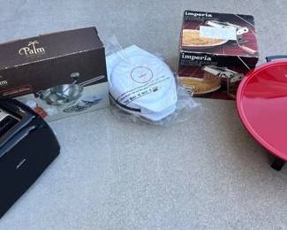 Kitchen Appliance Cookware Collection Imperia Pasta Maker, Toaster, Food Mill Red Covered Pan