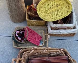 Large Lot Of Wicker Trays, Platters, Bowls