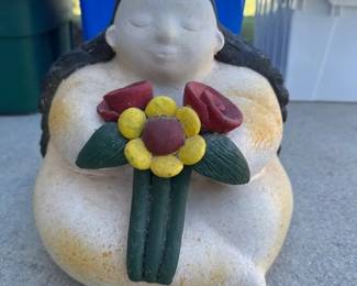 Vintage Folk Art Terracotta Woman Holding Flowers Decorative Pottery Planter