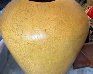 Extra Large Heavy Mustard Yellow Crackle Finish Pottery Floor Vase Urn