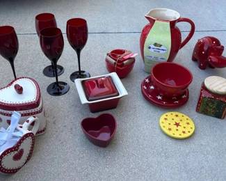 Le Creuset Red Stoneware Pitcher, Ruby Red Goblets Assorted HeartThemed Kitchen Decor
