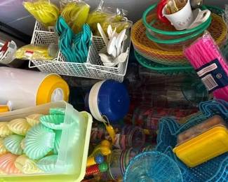 Huge Lot Of Plastic Cups, Serving Containers, Forks And Knives Great For Patio