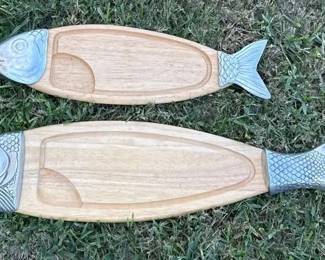 Vintage R.H. Macy Co. FishShaped Wood Metal Serving Trays Set of 2 Thailand