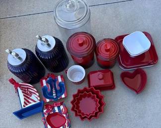 Red, White Blue Nautical Kitchen Decor Collection Glass Canisters, Ceramic Bakeware Serving Pi