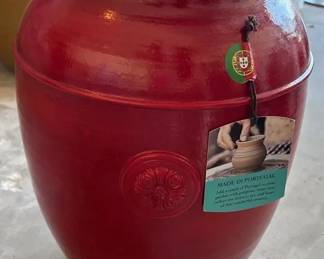 Red Pottery Pot Made In Portugal With Tag On It Outdoor