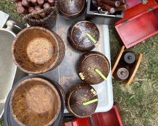 Great Party Lot Coconut Bowls, Silverware Wood Bowls