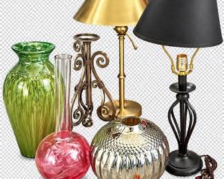 Eclectic Home Decor Collection Table Lamps, Decorative Glass Vases Metal Accents