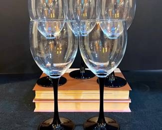 Vintage Luminarc France Domino Black Stem Wine Glasses Goblets