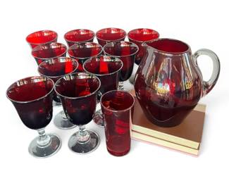Vintage Ruby Red Wine Glasses, Tumblers, and Pitcher Set