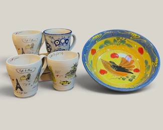 Vintage Ceramic Lot Anthropologie Mugs, Polish Pottery, Serving Bowl