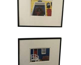 Two Framed Architectural Photographs in Black Frames, Blue Yellow Cottage Coastal Homes