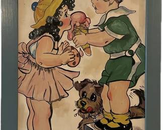 Vintage 1930s Style Children Print Framed Boy Girl Sharing Ice Cream Cone