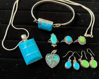 Vintage Taxco Mexican Sterling Silver Turquoise Inlay Pendant Bangle Set MORE