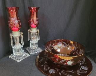 Etched Red Glass Lot 4 Pieces