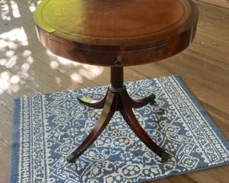 Vintage Round Drum Table W Tooled Leather Top, Drawer, Pedestal Base