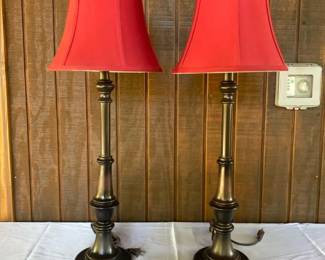 Set of Bronze Tone Buffet Lamps with Wine Shades