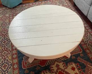 Rustic White Round Wooden Slat Pedestal Coffee Table