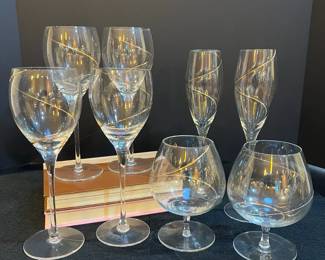Vintage Kosta Boda Line Gold Crystal Stemware 8 Pcs, Anna Ehrner Sweden Swirl