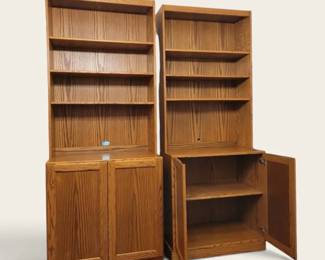 Set of 2 Vintage Oak Bookcases with Storage Cabinets Shelves