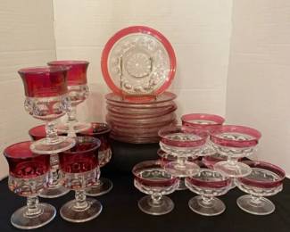 Vintage Kings Crown Thumbprint Pattern Glassware W Cranberry Flashed Rims