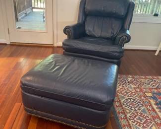 Hancock Moore Navy Leather Armchair and Ottoman with Nailhead Trim