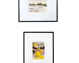Two Matted Framed Landscape Watercolor Paintings Featuring Marsh SunsetSunrise Scenes