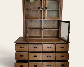 Vintage Oak Haberdashery Cabinet Stepback Bookcase W Glass Doors