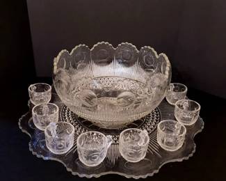Vintage Pressed Glass Punch Bowl Set 13 Pcs