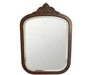 Vintage Wood Wall Mirror W Ornate Carved Scroll Crest Pediment, Beveled Glass