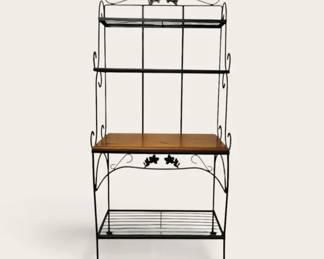 Vintage Metal Wood Bakers Rack Green Metal, Warm Wood, Floral Details