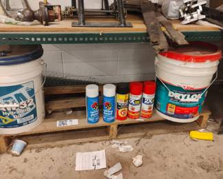 Lot 196: Hydraulic Oil, Masonry Waterproofer, and Spray Paint Cans