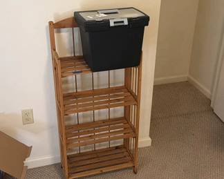 Lot 108: Wooden Shelving Unit and Portable File Box