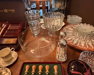 Cut glass bowls, cake stand and dessert plates