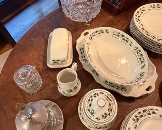 Dinnerware with serving platter, gravy boat and cut glass
