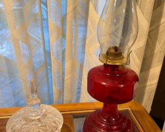 Ruby glass oil lamp with clear chimney