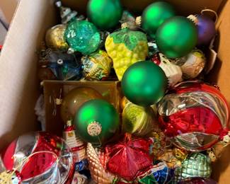 Box of vintage glass Christmas ornaments