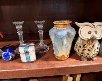 Crystal candlesticks, drip glaze vase and ceramic owl