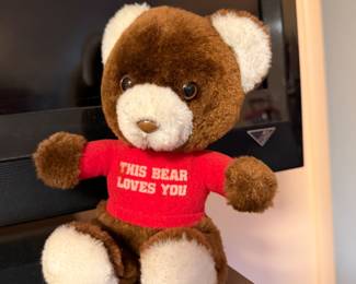 Plush teddy bear in a red This Bear Loves You shirt