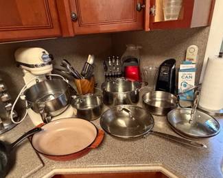 Stainless cookware, skillets and utensil crocks