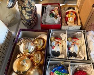Boxed Christmas ornaments and holiday decor