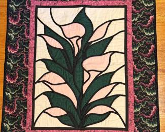 Handmade stained glass style quilt with calla lily design