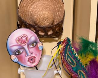 Hand painted carnival mask with straw hat and feathers